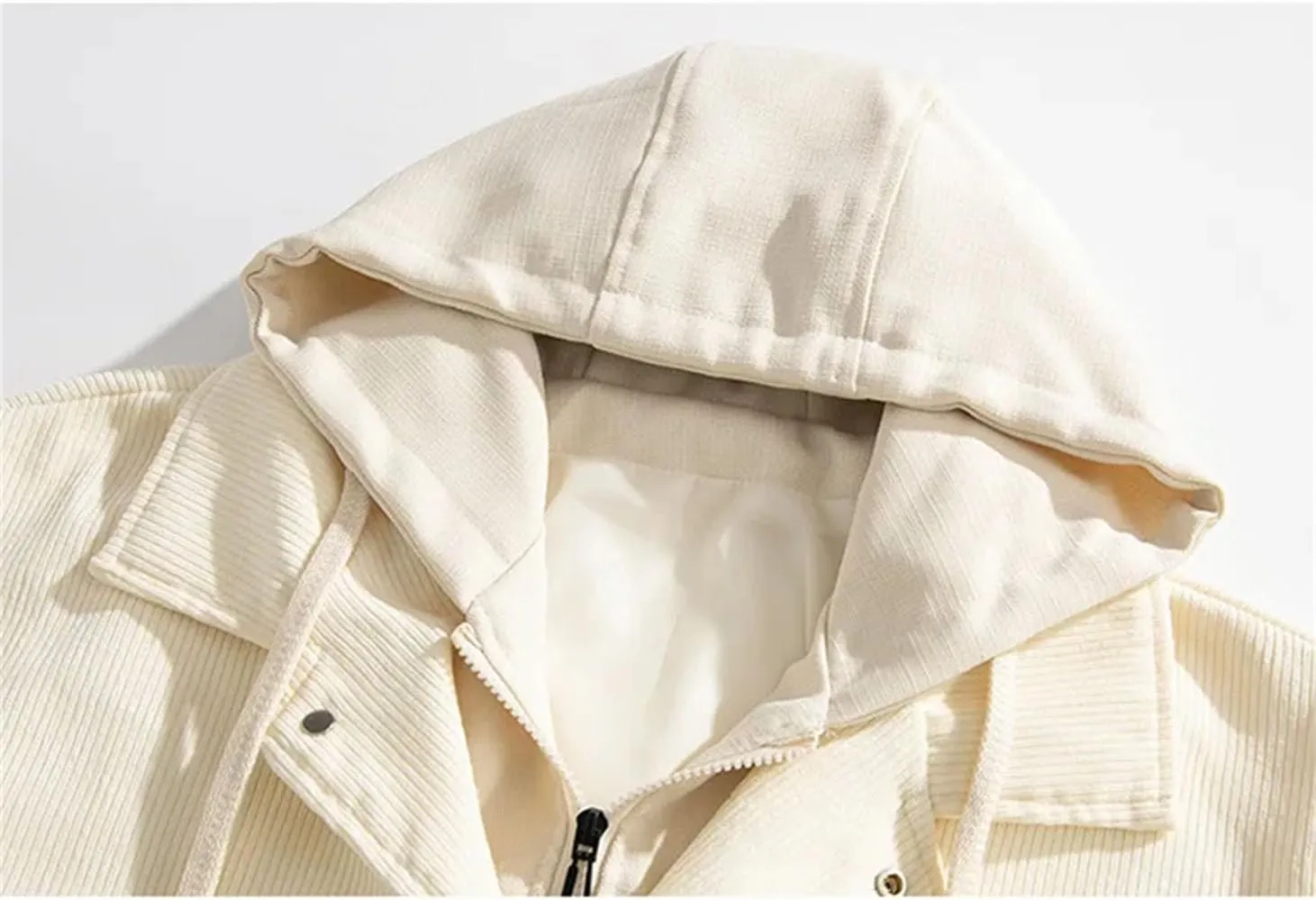 Men Patchwork Drawstring Hooded Corduroy Jacket Classic Zipper Button Long Sleeve Coat