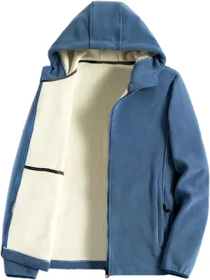 Men Zipper Up Hooded Solid Jacket Classic Plush Patchwork Warm Long Sleeve Coat
