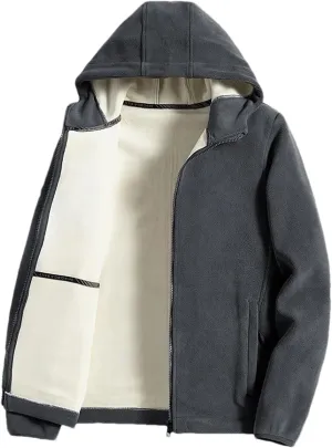 Men Zipper Up Hooded Solid Jacket Classic Plush Patchwork Warm Long Sleeve Coat