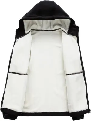 Men Zipper Up Hooded Solid Jacket Classic Plush Patchwork Warm Long Sleeve Coat