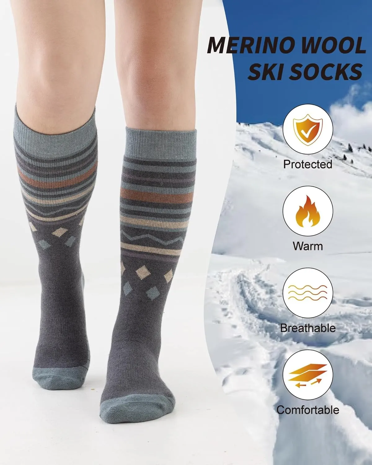 Merino Wool Ski Socks for Men Women, Thick Knee High Thermal Winter Snowboarding Socks with Exquisite Box