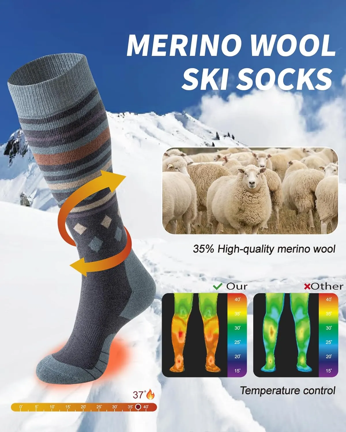 Merino Wool Ski Socks for Men Women, Thick Knee High Thermal Winter Snowboarding Socks with Exquisite Box