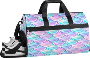 Mermaid Scales Resistant Sports Gym Bag for Women Men Travel Duffel bag with Wet Pocket & Shoes Compartment Waterproof Weekender Bag 19.7"x9.9"x13"