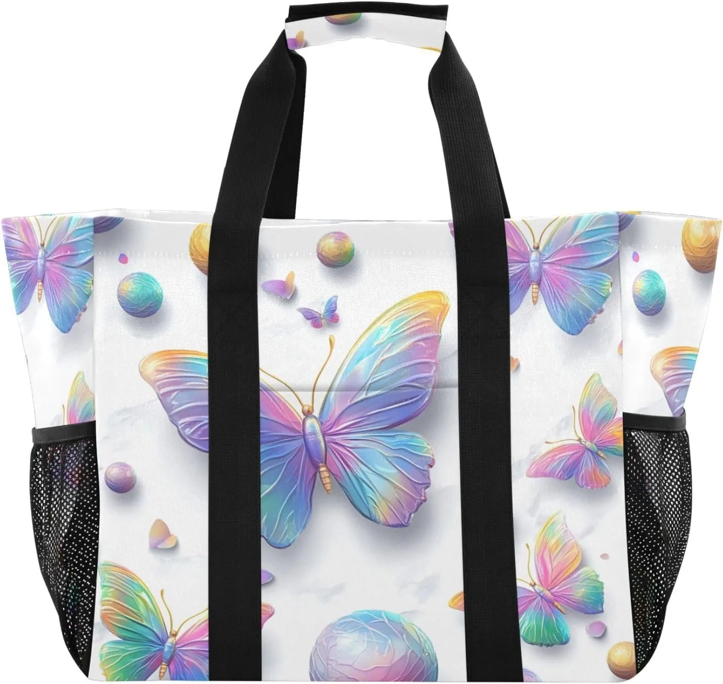 Nander 3D Colorful Butterflies Reusable Grocery Bags,Large Grocery Tote Bag Water Resistant Shopping Bags Foldable Grocery Bag for Clothes,Shoes and Picnic