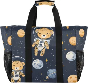 Nander Cute Space Leopard Reusable Grocery Bags,Large Grocery Tote Bag Water Resistant Shopping Bags Foldable Grocery Bag for Clothes,Shoes and Picnic