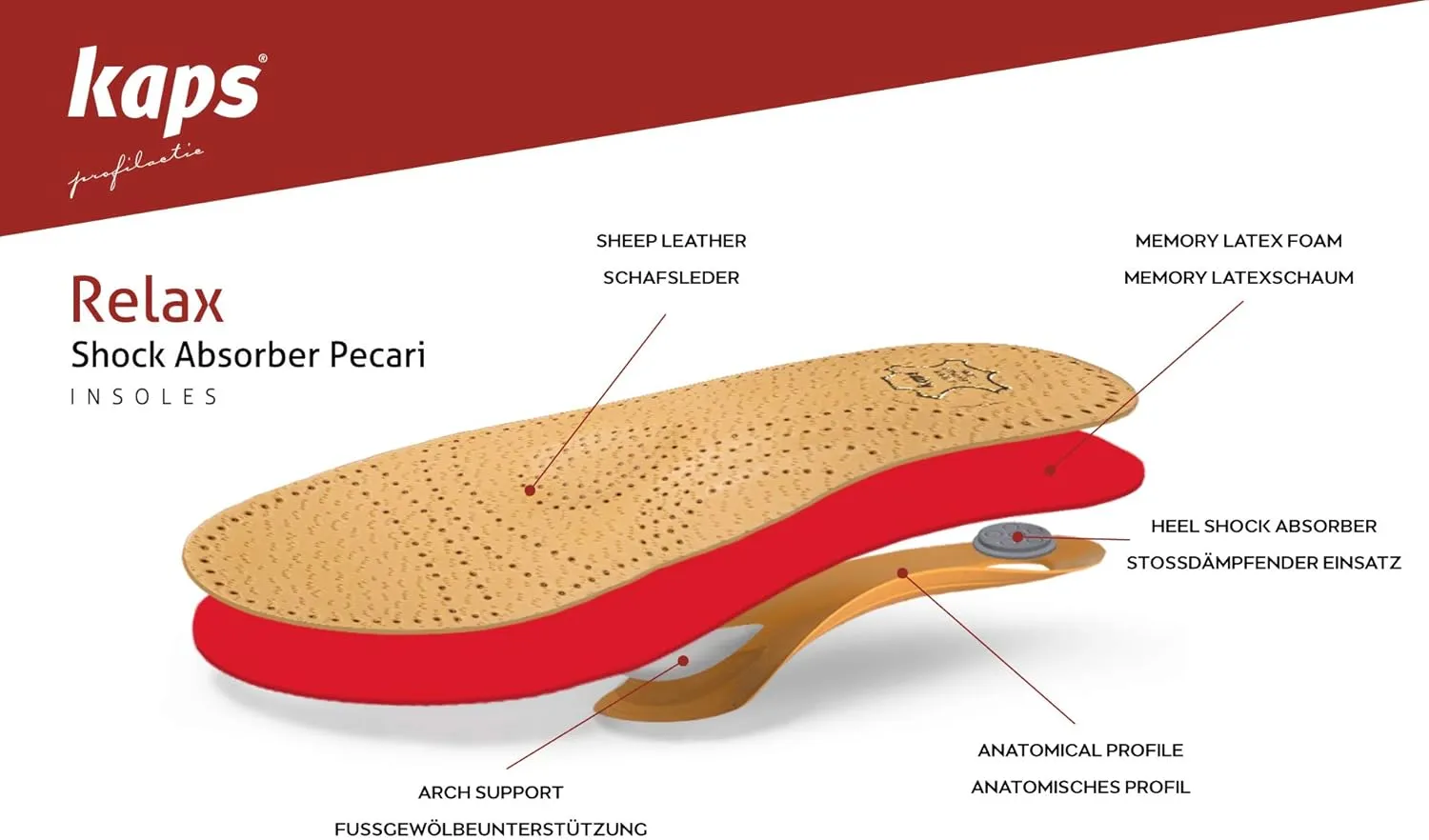 Orthotic Orthopedic Shoe Insoles Inserts with Arch Support Made of Premium Leather and Memory Foam, Kaps Relax Shock Absorber Pecari (45 EUR / 12 US/Men)