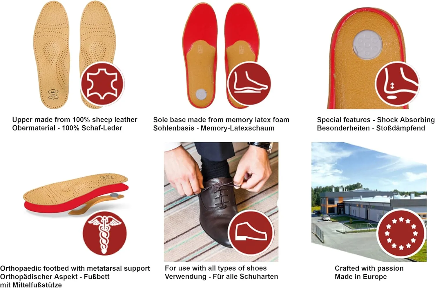 Orthotic Orthopedic Shoe Insoles Inserts with Arch Support Made of Premium Leather and Memory Foam, Kaps Relax Shock Absorber Pecari (45 EUR / 12 US/Men)