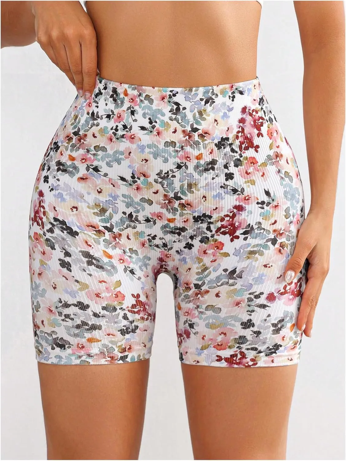 OYOANGLE Women's Floral High Waisted Workout Shorts Tummy Control Running Yoga Butt Lifting Biker Shorts