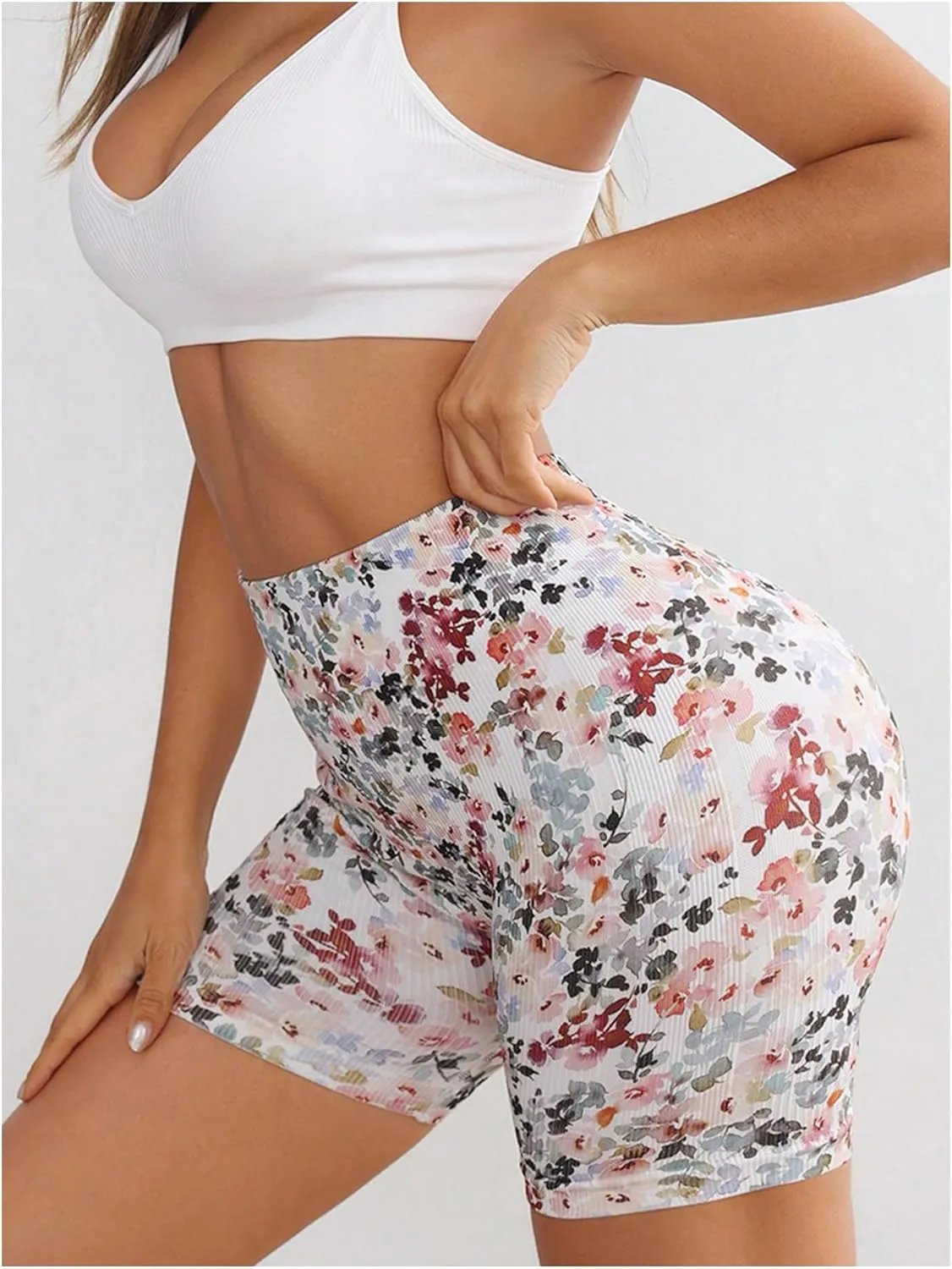 OYOANGLE Women's Floral High Waisted Workout Shorts Tummy Control Running Yoga Butt Lifting Biker Shorts