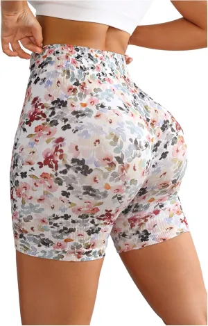 OYOANGLE Women's Floral High Waisted Workout Shorts Tummy Control Running Yoga Butt Lifting Biker Shorts