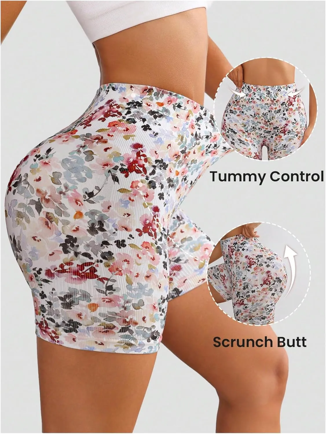 OYOANGLE Women's Floral High Waisted Workout Shorts Tummy Control Running Yoga Butt Lifting Biker Shorts