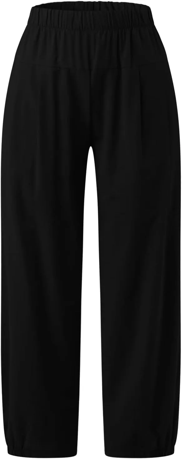 PEHMEA Women's Cotton Linen Tapered Cropped Pants Wide Leg Loose Casual Trousers with Pockets