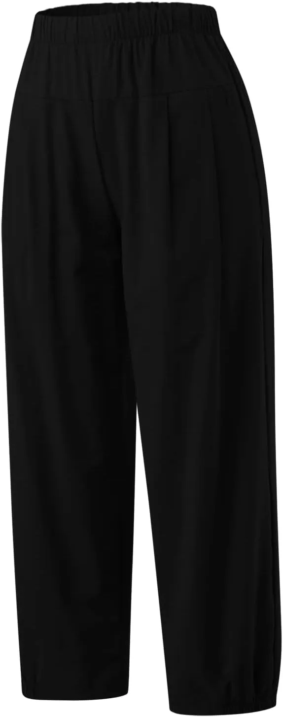 PEHMEA Women's Cotton Linen Tapered Cropped Pants Wide Leg Loose Casual Trousers with Pockets
