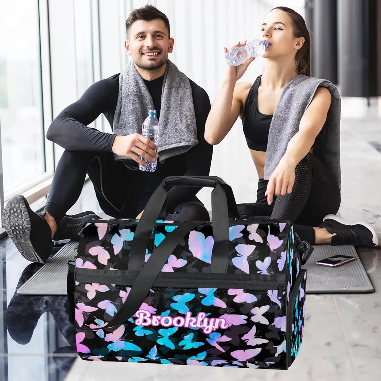Personalized Butterfly Duffel Bag with Shoes Compartment Custom Name Travel Sports Bag for Women Men Waterproof Dance Ballet Bag Lightweight, Blue Pink Glitter
