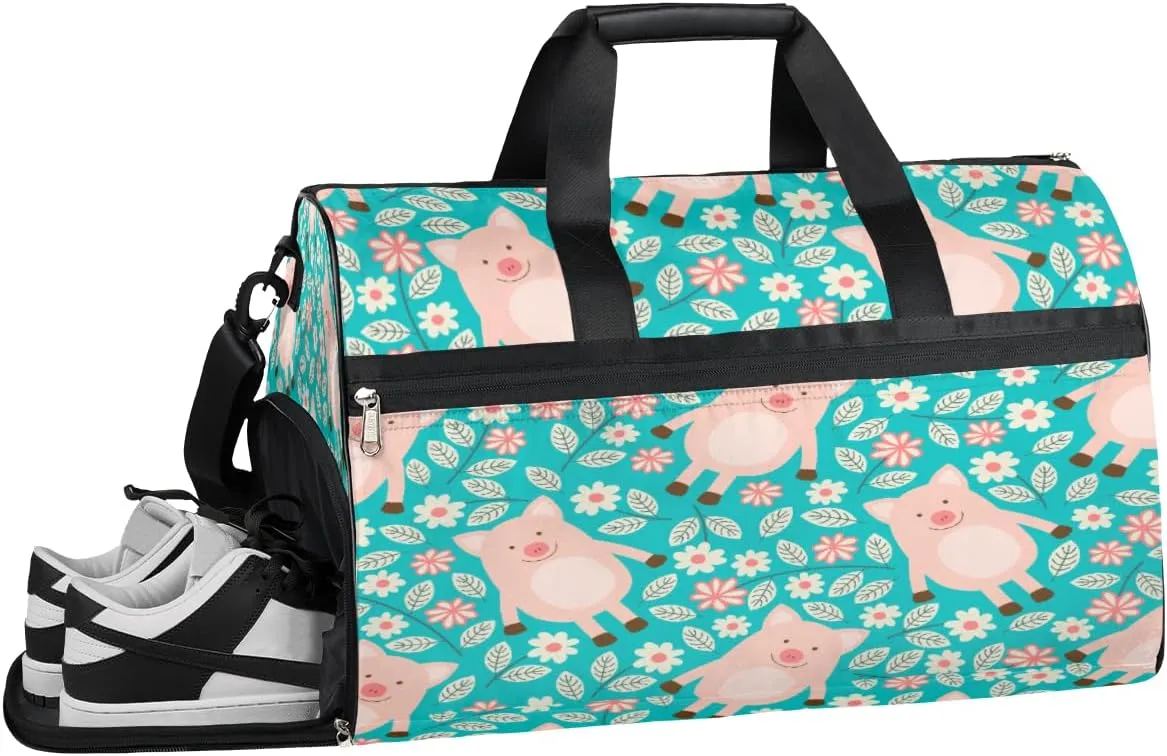Pig Flower Resistant Sports Gym Bag for Women Men Travel Duffel bag with Wet Pocket & Shoes Compartment Waterproof Weekender Bag 19.7"x9.9"x13"