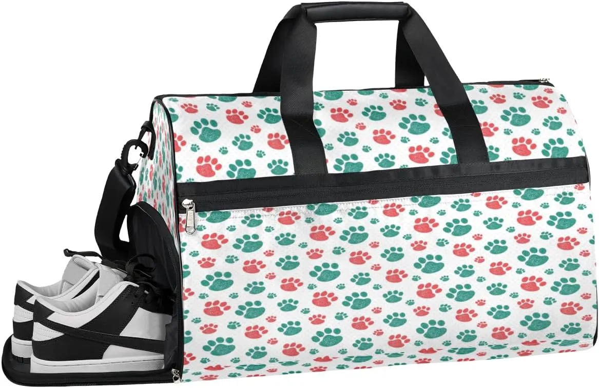Polka Dots Paw Gym Bag for Men Women Fitness Workout Sports Duffle Bag with Shoes Compartment Pawprints Water Resistant Overnight Weekender Duffel Bag