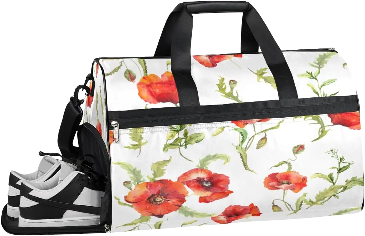 Poppies Flowers Resistant Sports Gym Bag for Women Men Travel Duffel bag with Wet Pocket & Shoes Compartment Waterproof Weekender Bag 19.7"x9.9"x13"