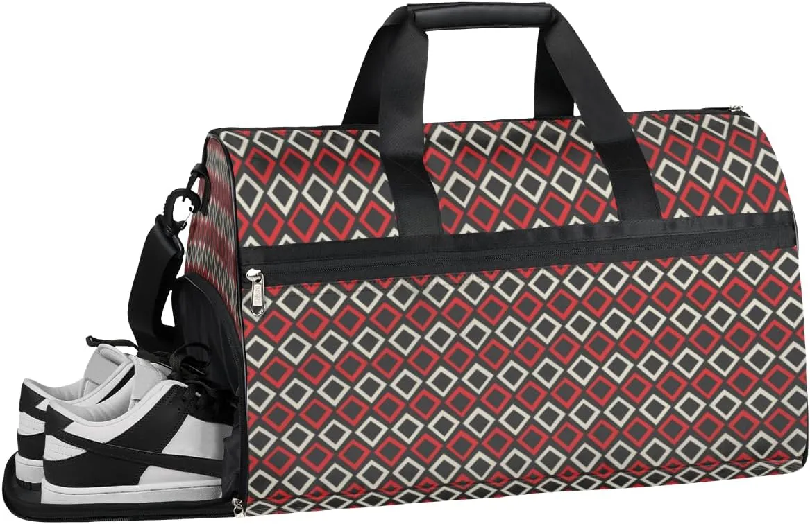 Red Black Gym Bag for Men Women Fitness Workout Sports Duffle Bag with Shoes Compartment Rhombus Water Resistant Overnight Weekender Duffel Bag