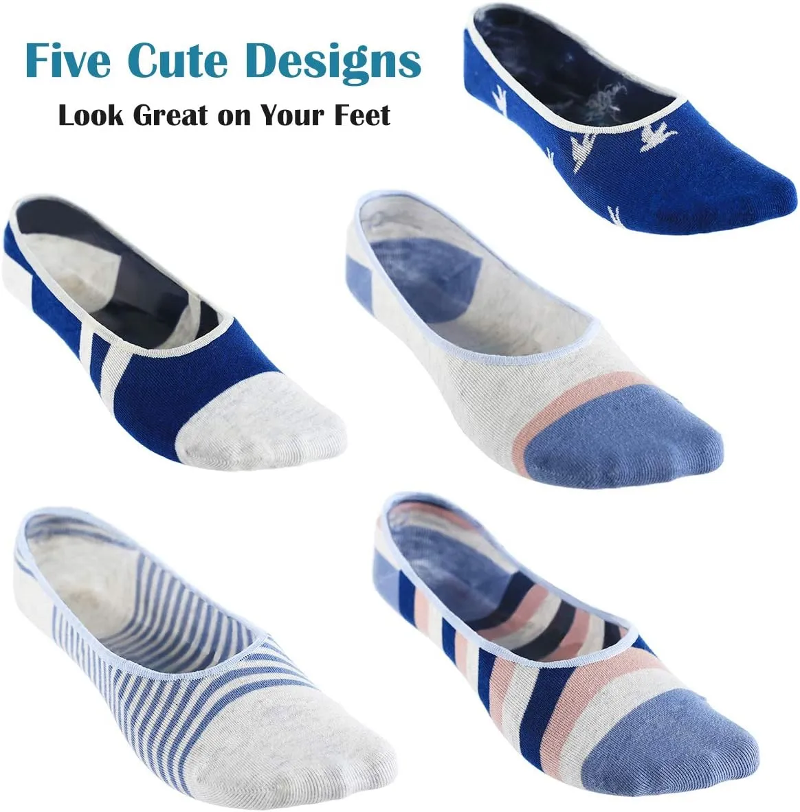 RYI 5-Pack No Show Socks for Women Size 6-9 Ankle Invisible Non-slip Athletic Socks