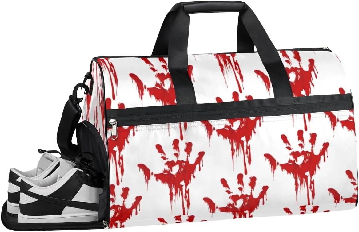 Scary Blood Handprints Gym Bag for Men Women Fitness Workout Sports Duffle Bag with Shoes Compartment Water Resistant Overnight Weekender Duffel Bag