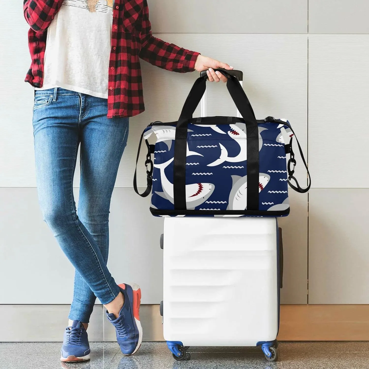 Sharks Travel Duffel Bag for Women Men Gym Bag with Shoe CompartmentCarry On Weekender Overnight Bag for Travel Gym Yoga School