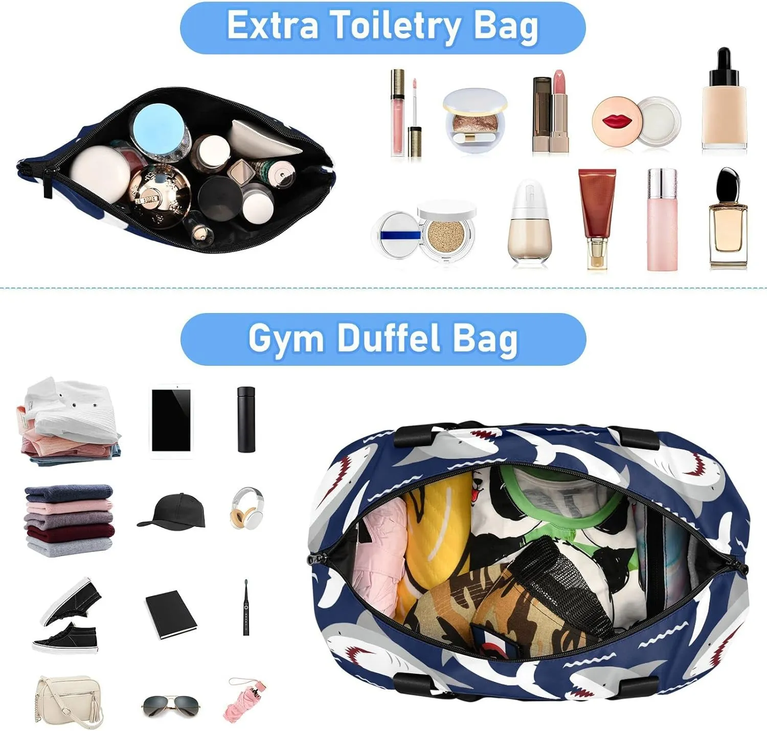 Sharks Travel Duffel Bag for Women Men Gym Bag with Shoe CompartmentCarry On Weekender Overnight Bag for Travel Gym Yoga School