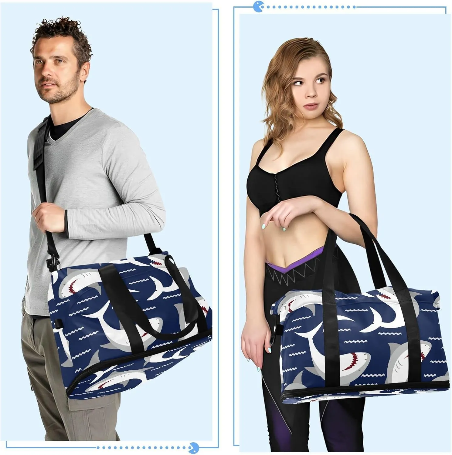 Sharks Travel Duffel Bag for Women Men Gym Bag with Shoe CompartmentCarry On Weekender Overnight Bag for Travel Gym Yoga School