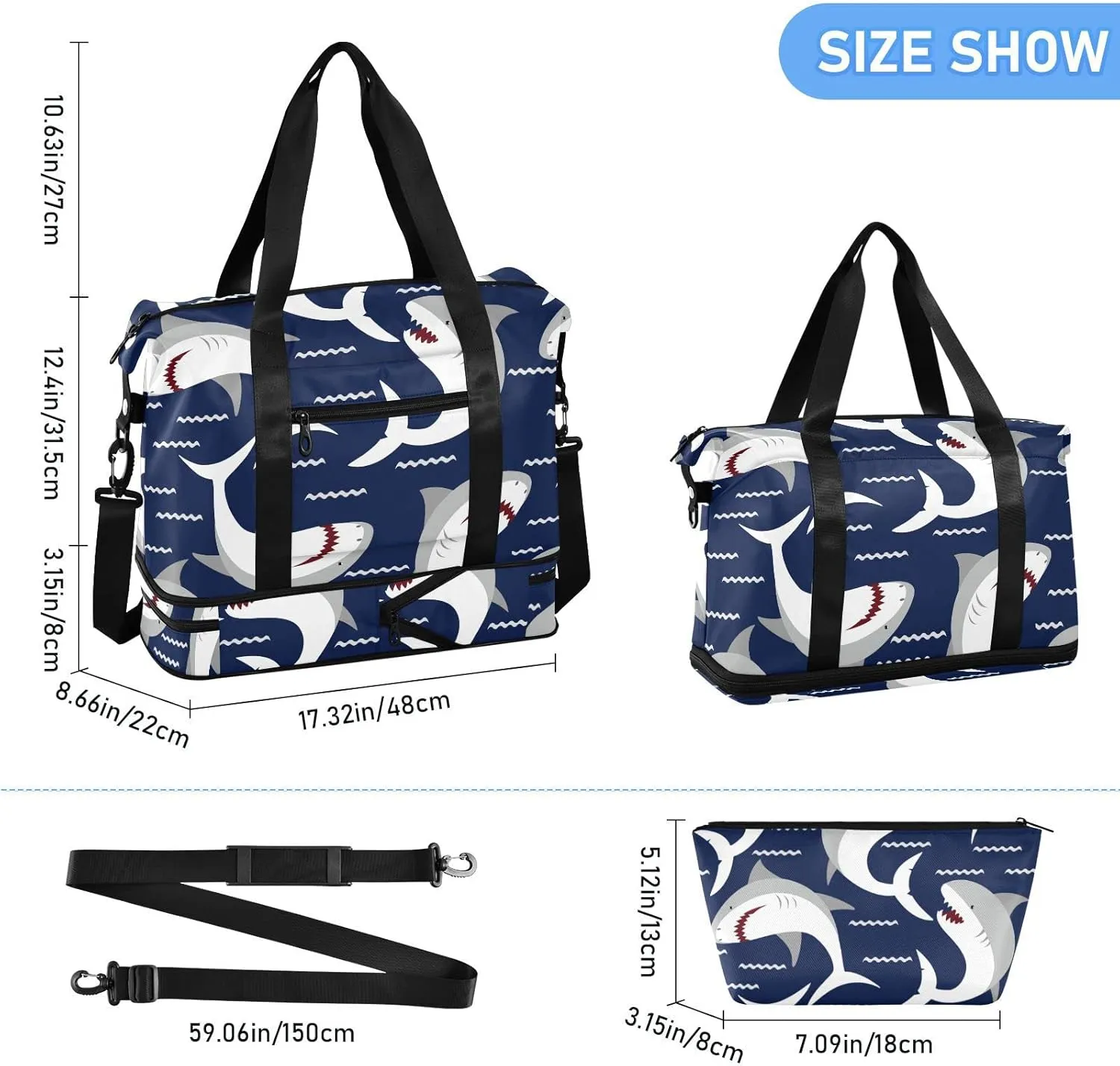Sharks Travel Duffel Bag for Women Men Gym Bag with Shoe CompartmentCarry On Weekender Overnight Bag for Travel Gym Yoga School