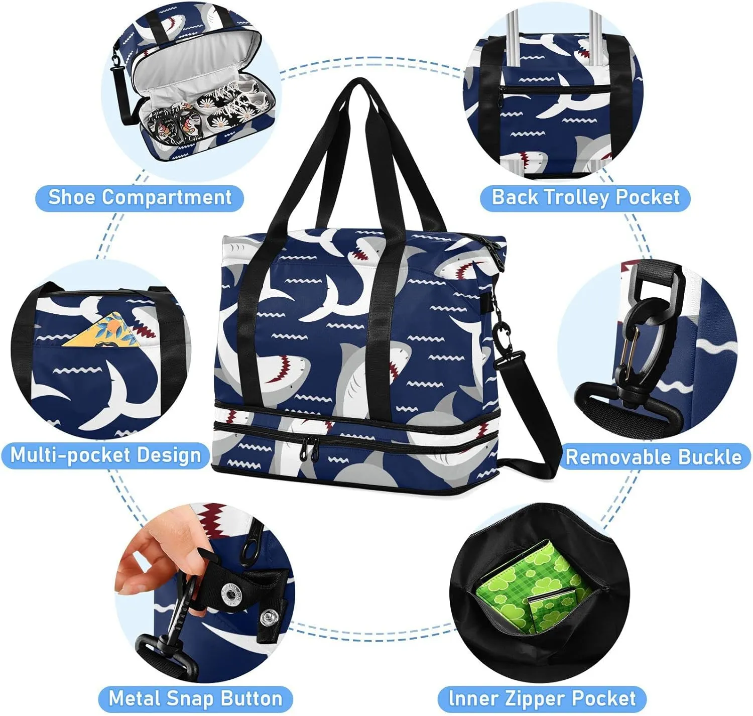 Sharks Travel Duffel Bag for Women Men Gym Bag with Shoe CompartmentCarry On Weekender Overnight Bag for Travel Gym Yoga School