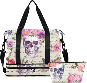Skulls Flowers Dia De Muertos Travel Duffel Bag for Women Men Gym Bag with Shoe Compartment Wet Pocket Carry On Weekender Overnight Bags for Travel Hospital Gym
