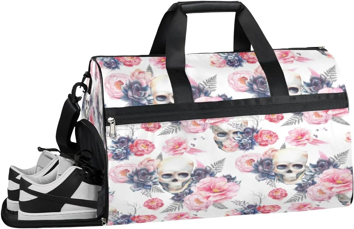 Skulls Sports Gym Bag for Women Men Travel Duffel Bag with Wet Pocket & Shoes Compartment Waterproof Weekender Overnight Tote Carry on Bag Lightweight