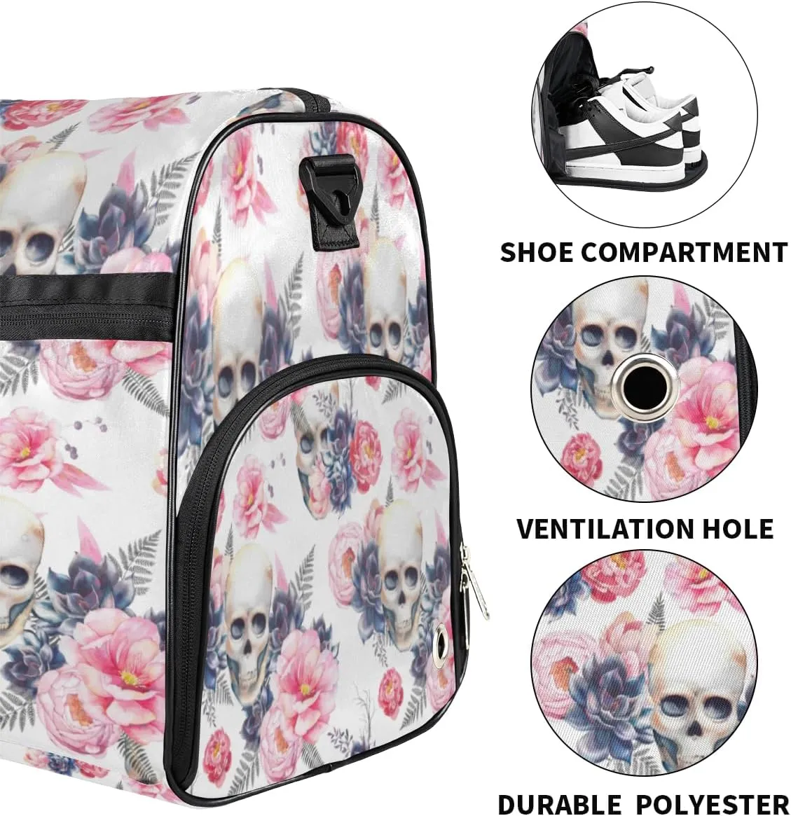 Skulls Sports Gym Bag for Women Men Travel Duffel Bag with Wet Pocket & Shoes Compartment Waterproof Weekender Overnight Tote Carry on Bag Lightweight