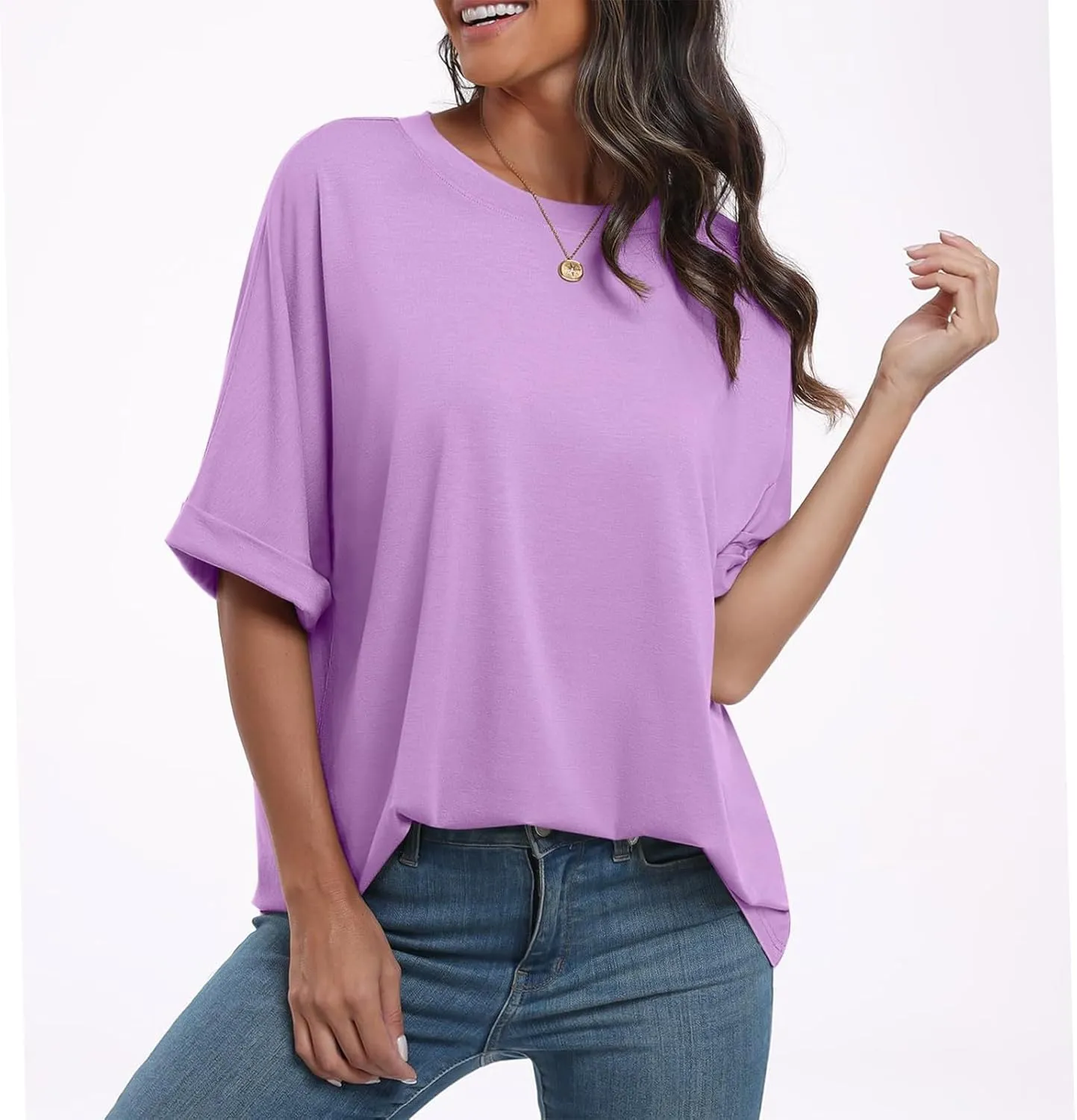 slqdgmryz Oversized Tshirts for Women Crew Neck Half Sleeve Tops Summer Loose Elbow Length Tee Shirts Business Casual Blouses