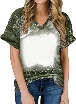 SMIDOW Sublimation Blanks Bleached T-Shirt for Women Summer Casual Loose Fit Short Sleeve v Neck Basic Tops Shirts