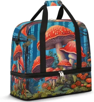Sports Duffel Bag, Foldable Mushroom Travel Duffel Bag, Gym Yoga Beach Bag Weekender Overnight Bag with Shoes Compartment for Men Women, Wild Plant