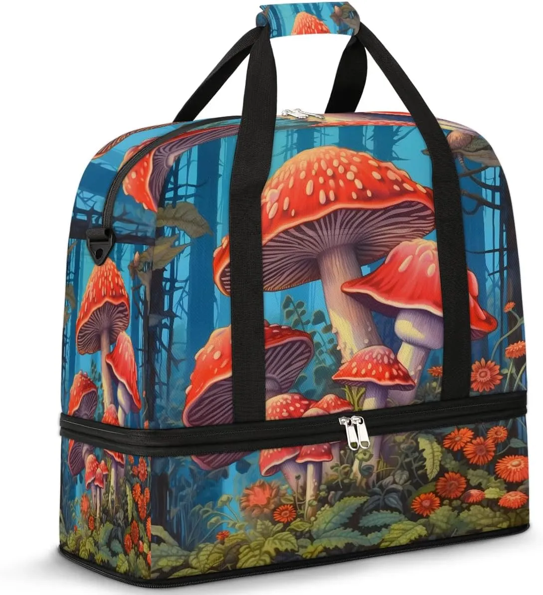 Sports Duffel Bag, Foldable Mushroom Travel Duffel Bag, Gym Yoga Beach Bag Weekender Overnight Bag with Shoes Compartment for Men Women, Wild Plant