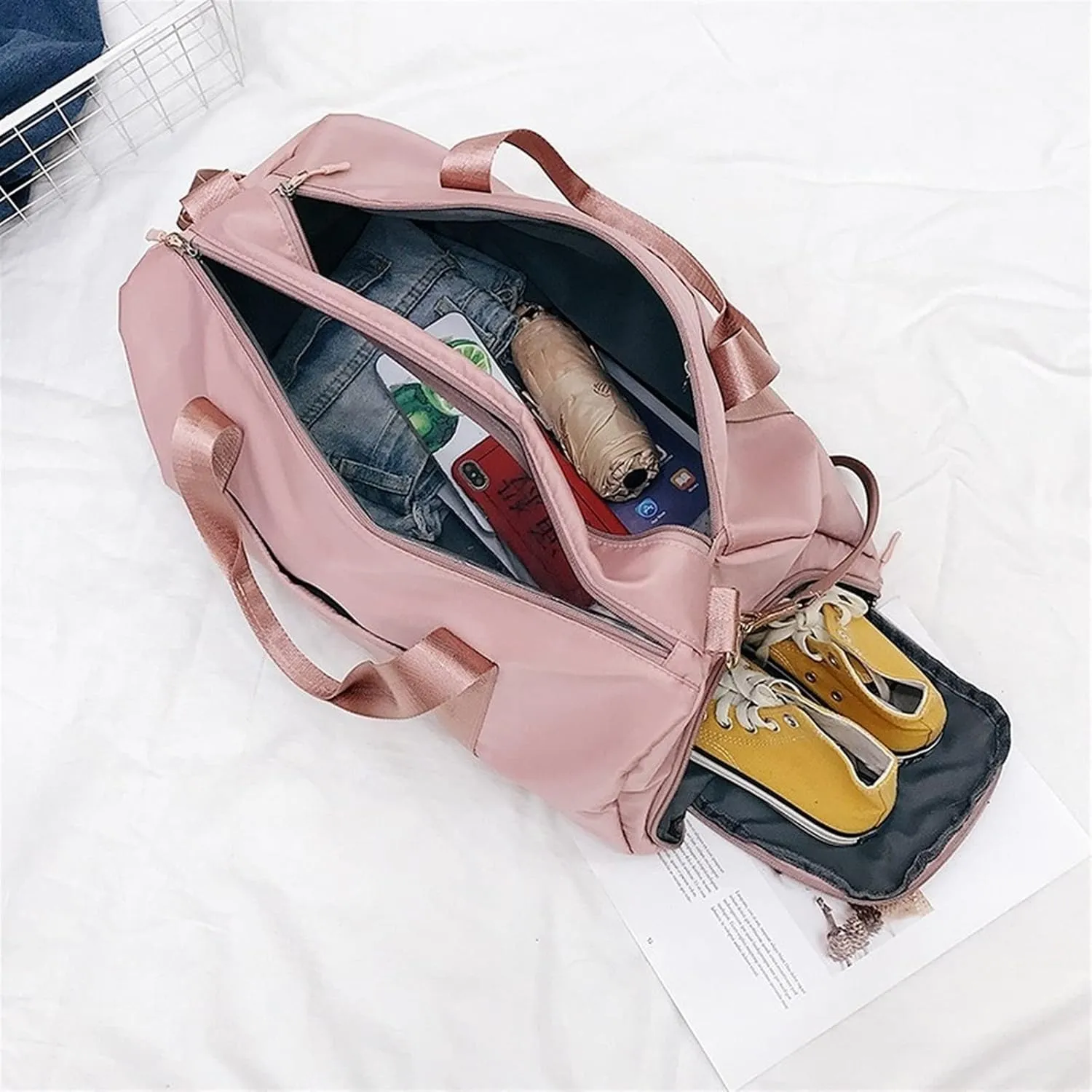 Sports Duffel Bags Sports Gym Bags Outdoor Waterproof Nylon Men Women Training Fitness Travel Handbag Yoga Mat Sport Bag with Shoes Compartment(Pink)