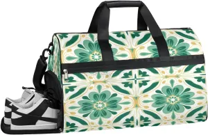 Sports Gym Bag Women Men with Wet Pocket & Shoes Compartment, Green Flowers Travel Duffel Bag, Workout Dance Bag Tote Bags, Carry On Weekender