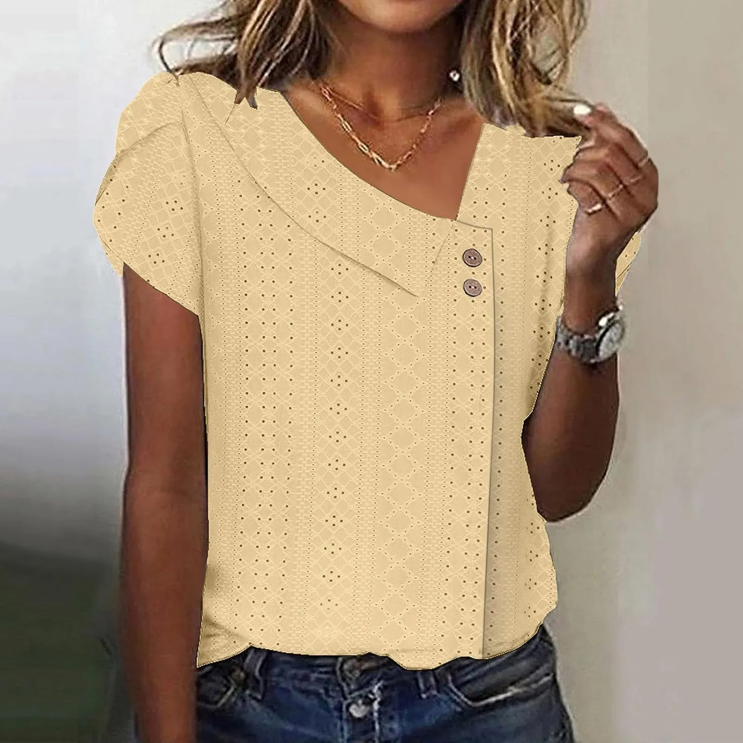 Summer Tops for Women Trendy Eyelet Shirts Short Sleeve Asymmetric V Neck Blouses Casual Loose Boho Tunic Tees 2025