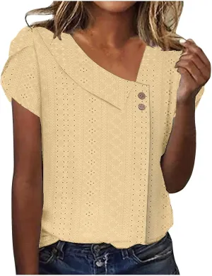 Summer Tops for Women Trendy Eyelet Shirts Short Sleeve Asymmetric V Neck Blouses Casual Loose Boho Tunic Tees 2025