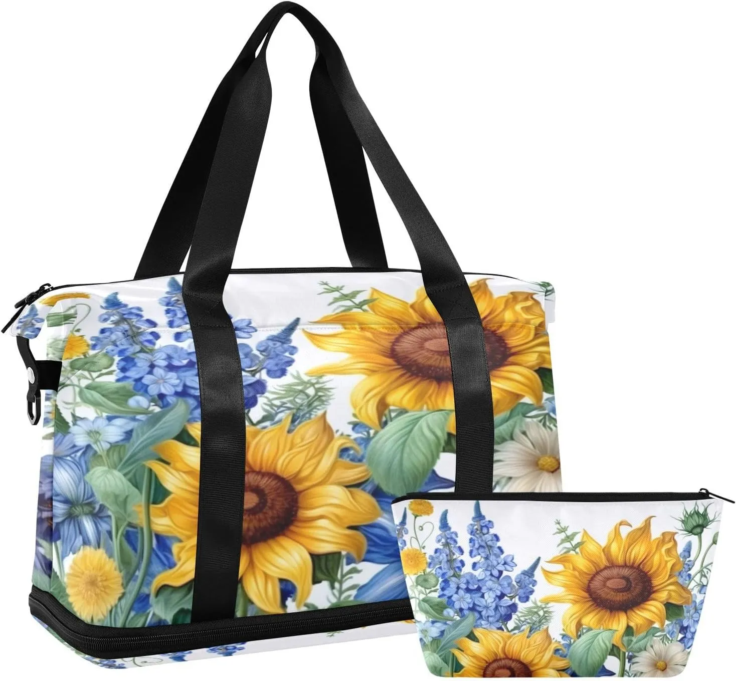 Sunflowers with Blue Flowers Gym Bag for Men Women with Shoes Compartment & Wet Pocket Sport Travel Duffel Bag Waterproof Weekender Overnight Bag