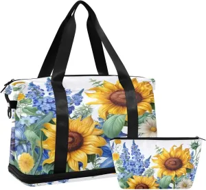 Sunflowers with Blue Flowers Gym Bag for Men Women with Shoes Compartment & Wet Pocket Sport Travel Duffel Bag Waterproof Weekender Overnight Bag