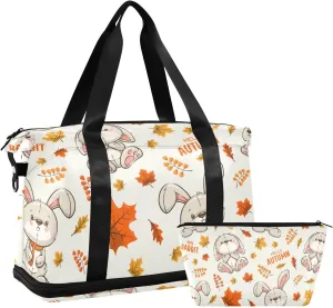 susiyo Duffel Bags Gym Bag for Women, Cute Rabbit Autumn Maple Leaves Sports Travel Duffel Bag with Shoes Compartment, Perfect for Travel, Gym