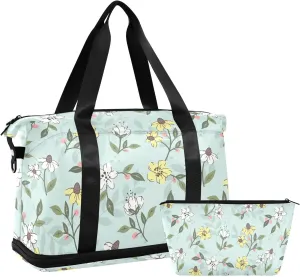 susiyo Duffel Bags Gym Bag for Women, Yellow and White Flowers Sports Travel Duffel Bag with Shoes Compartment, Perfect for Travel, Gym