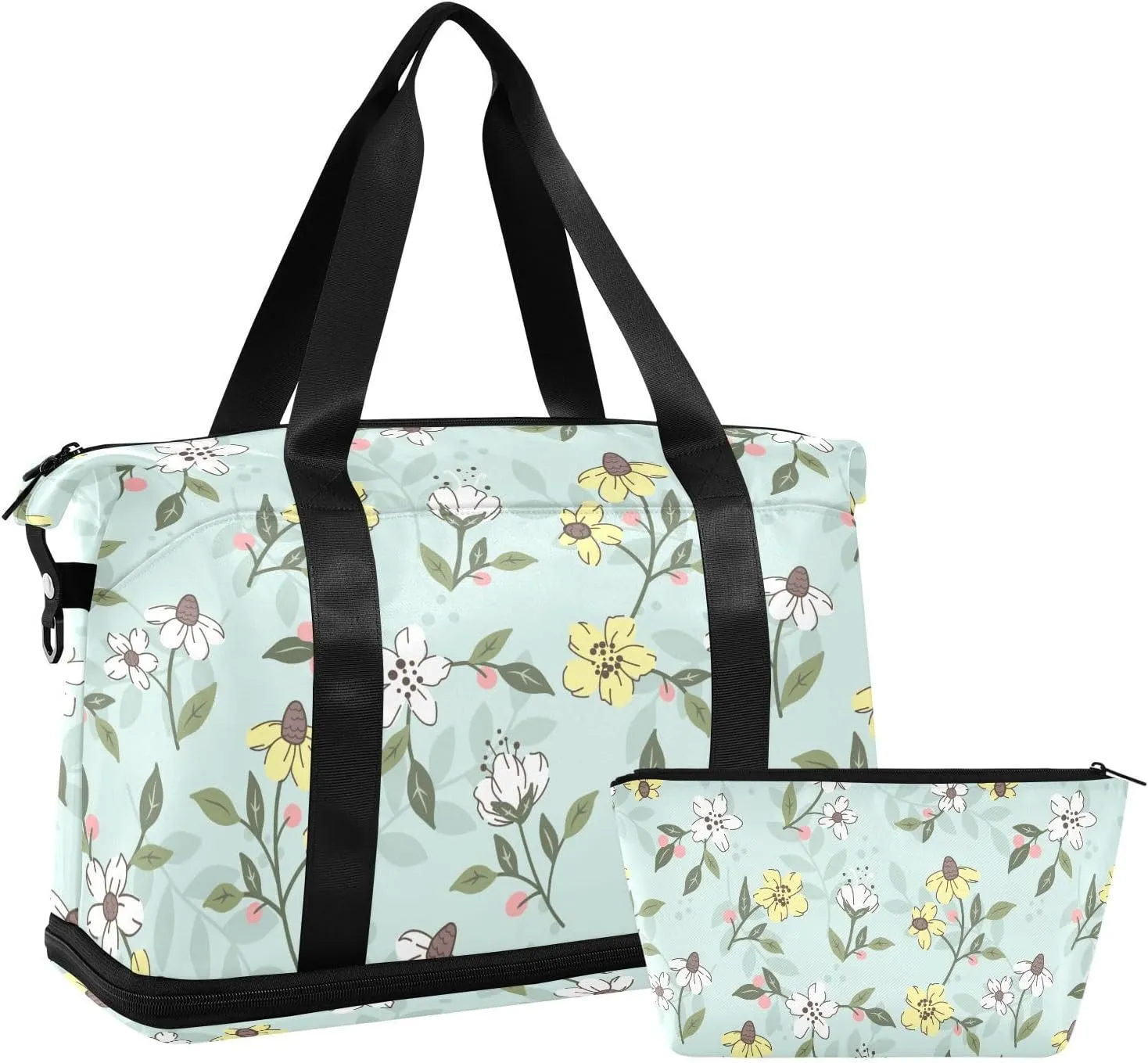 susiyo Duffel Bags Gym Bag for Women, Yellow and White Flowers Sports Travel Duffel Bag with Shoes Compartment, Perfect for Travel, Gym