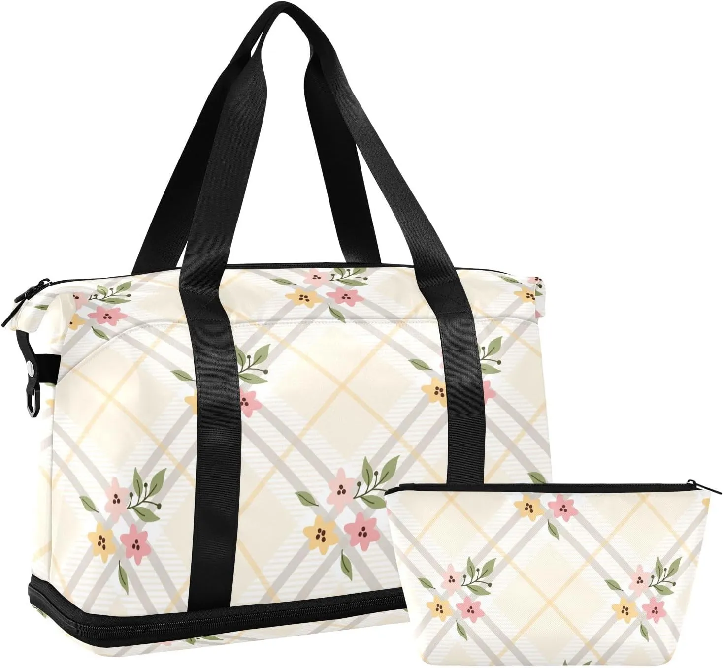 susiyo Duffel Bags Gym Bag for Women, Yellow Checkered Floral and Leaves Sports Travel Duffel Bag with Shoes Compartment, Perfect for Travel, Gym