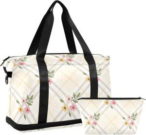 susiyo Duffel Bags Gym Bag for Women, Yellow Checkered Floral and Leaves Sports Travel Duffel Bag with Shoes Compartment, Perfect for Travel, Gym