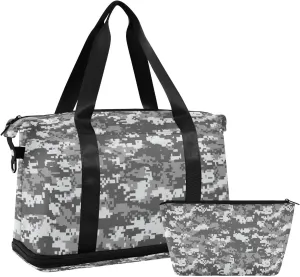 susiyo Sports Duffel Bags for Women, Gray Camouflage Military Travel Duffel Bags Gym Bags with Shoes Compartment, Weekender Bag Perfect for Travel, Gym