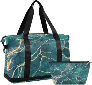 susiyo Sports Duffel Bags for Women, Green Marble Pattern Travel Duffel Bags Gym Bags with Shoes Compartment, Weekender Bag Perfect for Travel, Gym