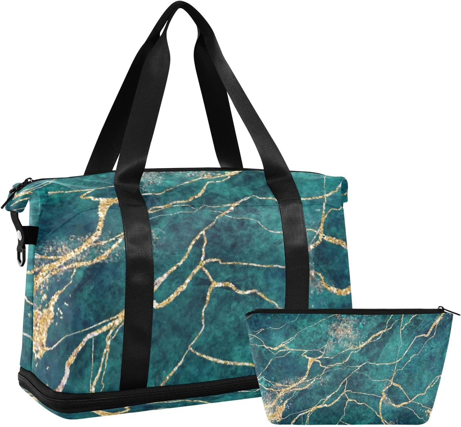 susiyo Sports Duffel Bags for Women, Green Marble Pattern Travel Duffel Bags Gym Bags with Shoes Compartment, Weekender Bag Perfect for Travel, Gym